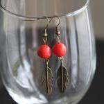 Red Bead Brass Feather Earr..