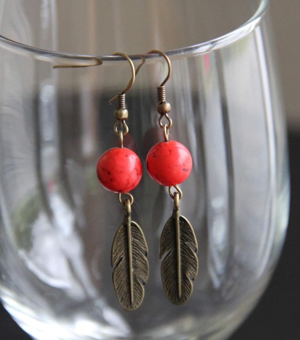 Red Bead Brass Feather Earrings Dangle