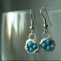 Blue Bird Nest Earrings Wire Wrapped  