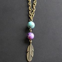 Blue and Purple Brass Feather Necklace