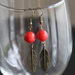 Red Bead Brass Feather Earrings Dangle